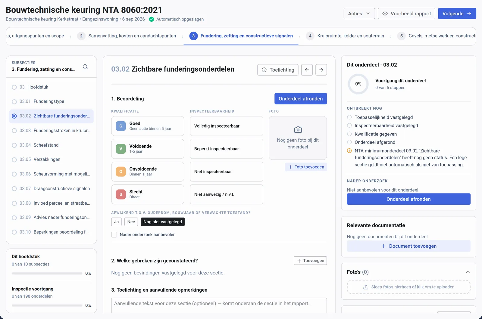Het NTA 8060-werkblad in SpectIQ met hoofdstukken, onderdelen, kwalificatie, inspecteerbaarheid en voortgang